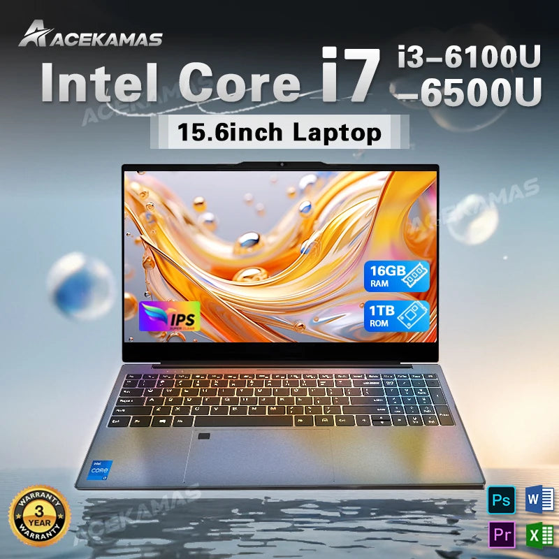 ACEKAMAS 15.6" Portable Laptop Computer Intel Core i7 6500U i3 6100U Windows 11 Pro 16GB DDR4 1TB SSD Notebook PC Gaming Laptops