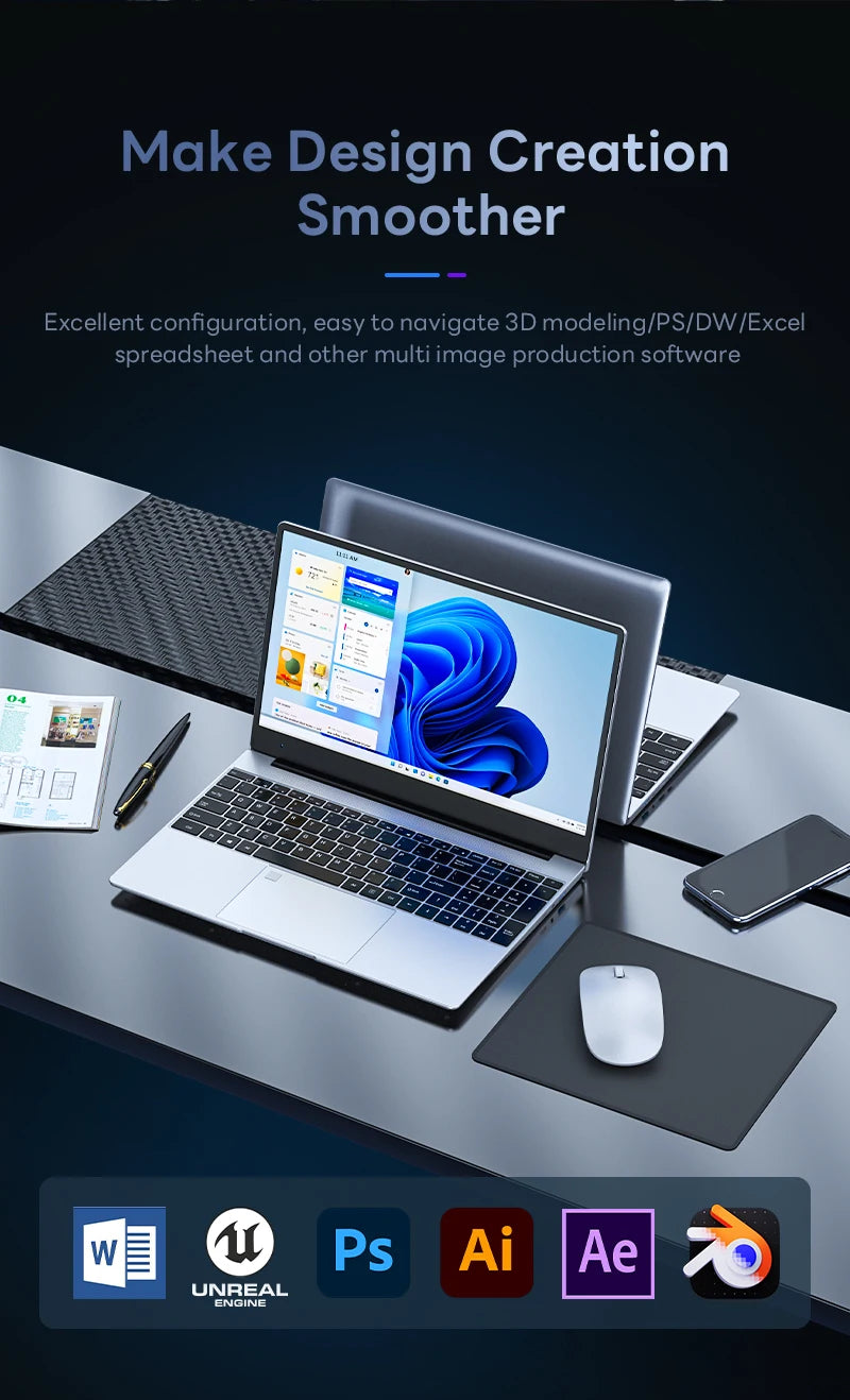 BYONE 15.6 Inch Celeron N5095 Laptop 8GB DDR4 RAM 256GB 512GB SSD Windows 11 IPS Business Ultrathin Portable Notebook Computer