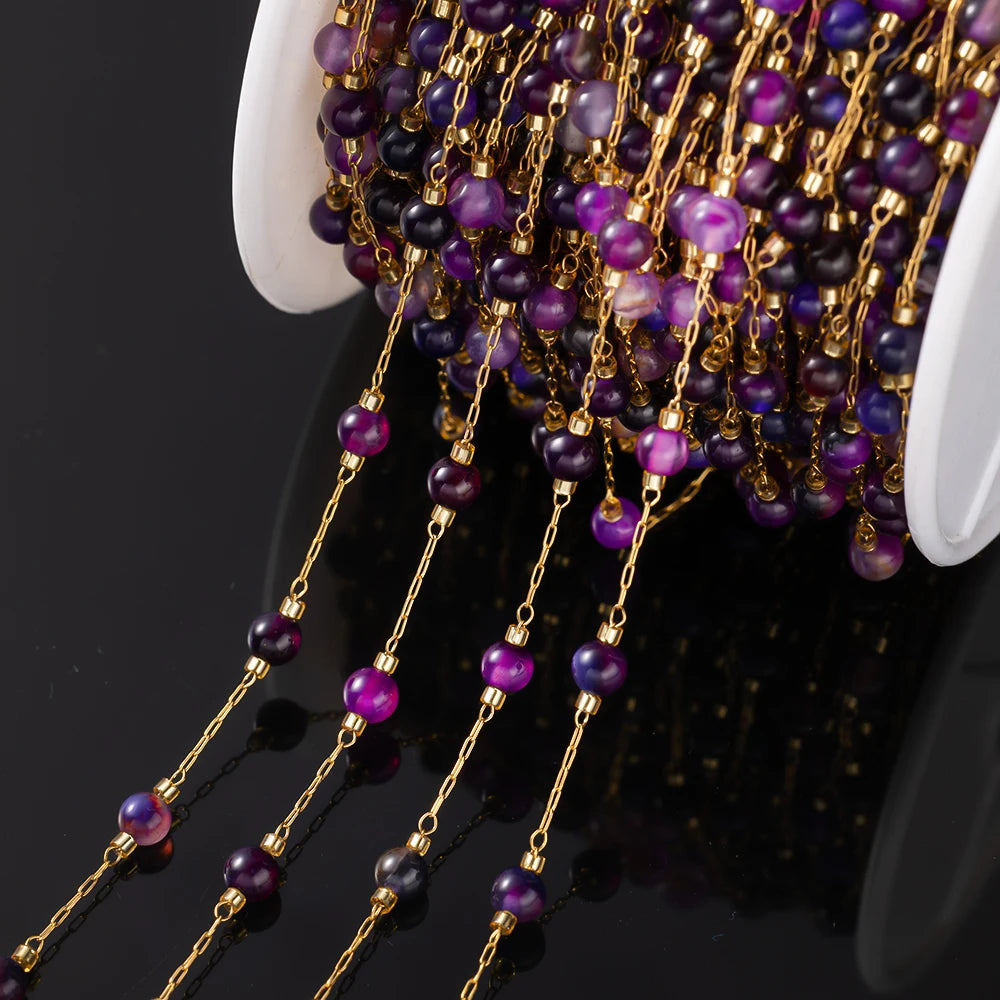 1Meter Elegant Mix Round Stone Beads 3mm Stainless Steel Chain for Jewelry Making DIY Necklaces Bracelet Clothing Craft Supplies