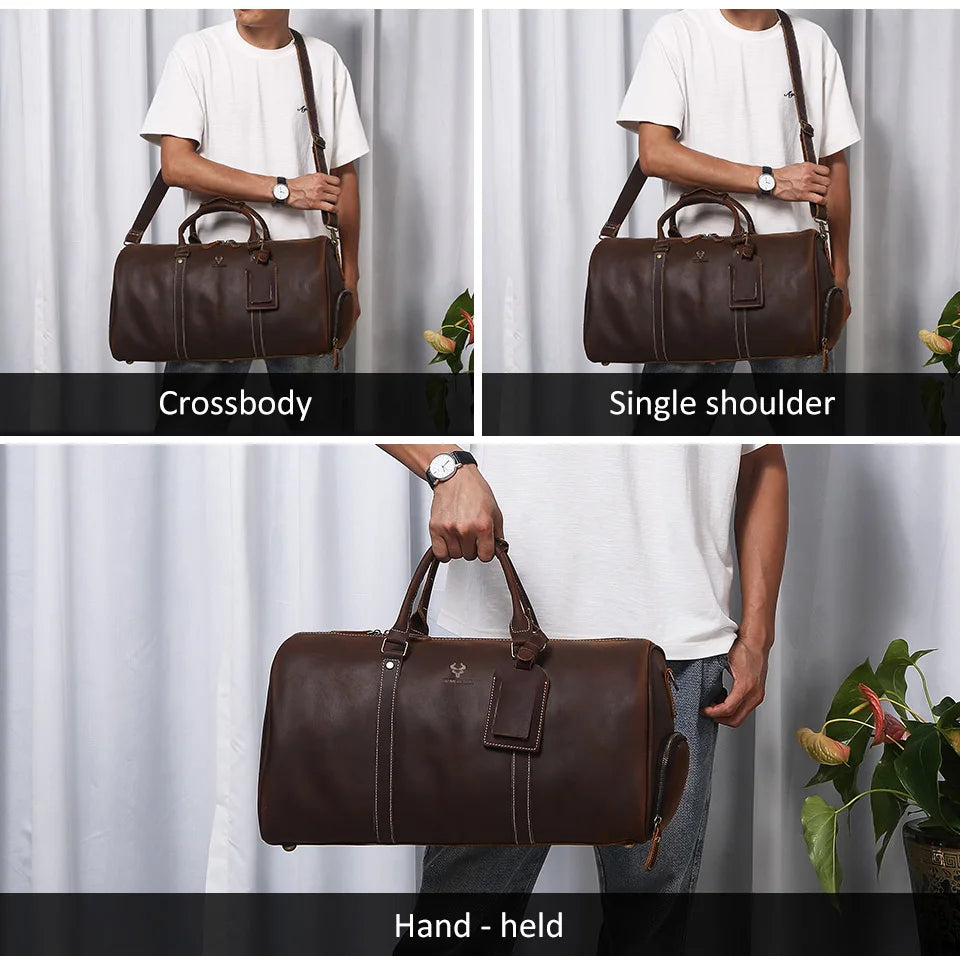 Men's Crazy Horse Leather Duffle Bag Large Capacity Travel Luggage Bag Fits 15'' Laptop & Shoes Durable Totes Bags for Business