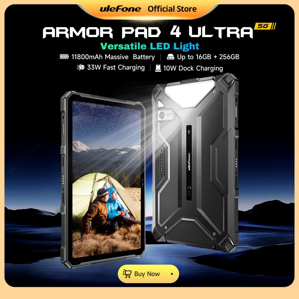 5G Rugged Tablet Ulefone Armor Pad 4 Ultra IP68/IP69K LED Light 11800mAh Battery,fast charging 16GB+256GB 50MP
