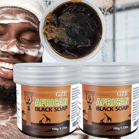 2 Pack GZE African Black Soap 3-in-1 Face, Hair, and Body Cleanser - Deeply Cleanses and Moisturizes Skin and Hair -  Handmade