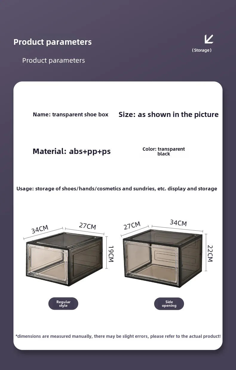 Transparent shoe box, hard box, magnetic storage, acrylic doll bag, hand-held storage box rack, front side opening shoe cabinet