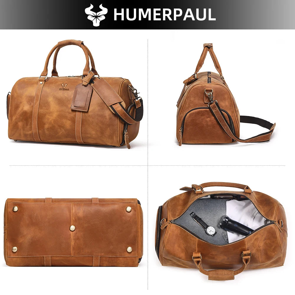 Men's Crazy Horse Leather Duffle Bag Large Capacity Travel Luggage Bag Fits 15'' Laptop & Shoes Durable Totes Bags for Business