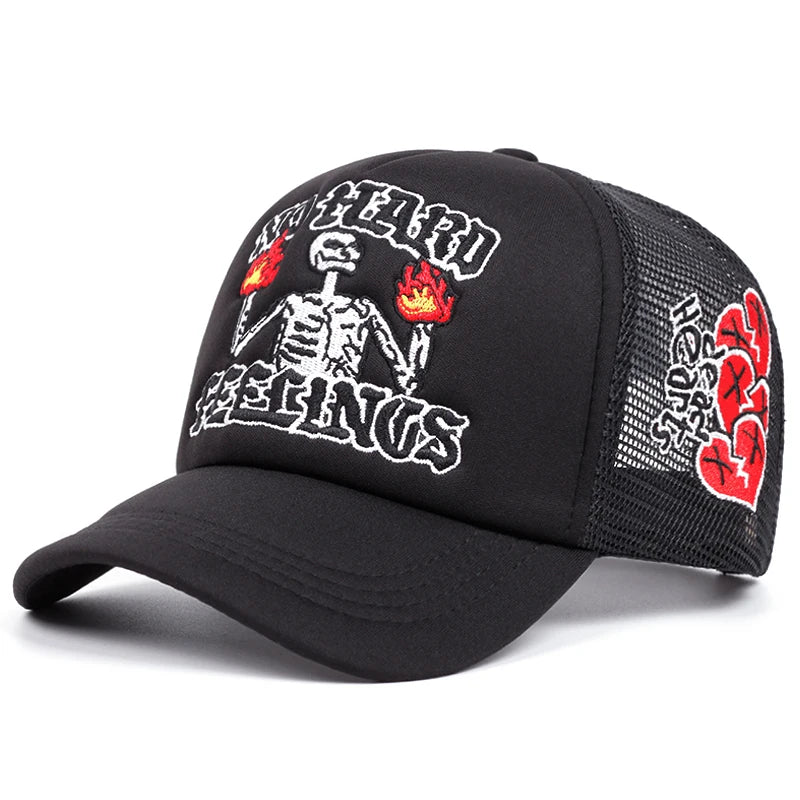 2025 Popular New Breathable Mesh Hat Fire Skull Rose Love Street Skateboarding Hip Hop Hat Leisure Sports Sun Hat Baseball Hat