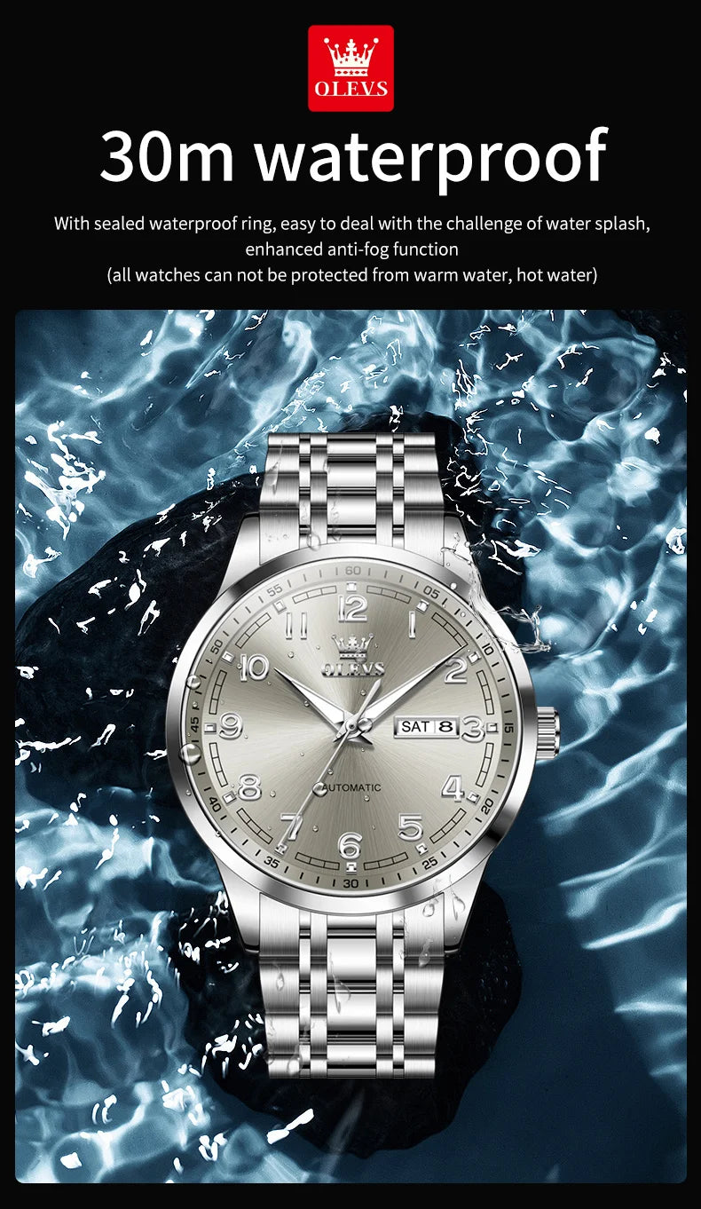 OLEVS Men Watches 7077 Luxury Fashion Top Brand Original Automatic Mechanical Watch for Man Double Scale Simple Trend Waterproof