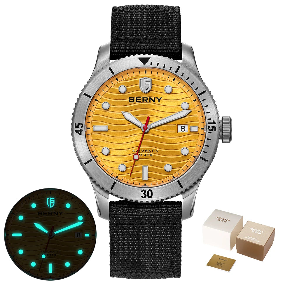 BERNY Top Automatic Diver Watch for Men PT5000 Movement 20ATM Waterproof Luminous Sapphire Lens Sport Swimming Diving Watch Men