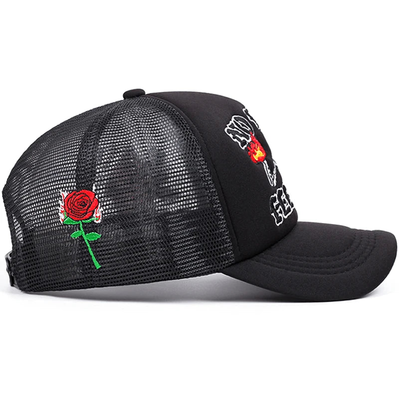 2025 Popular New Breathable Mesh Hat Fire Skull Rose Love Street Skateboarding Hip Hop Hat Leisure Sports Sun Hat Baseball Hat