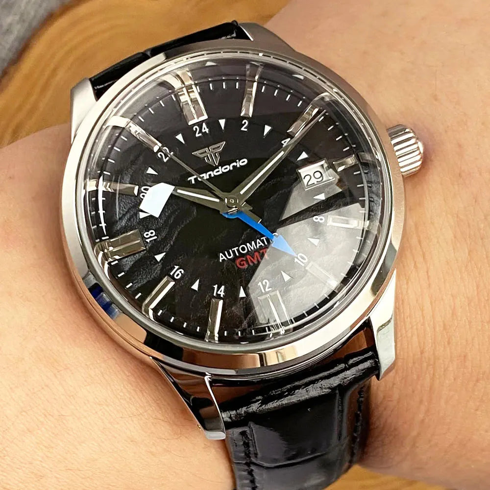 Tandorio 200M Water Resistant Dive NH34 GMT Cream Black Dial Automatic Watch Men Sapphire Polished Case Glass Back Montre hommes