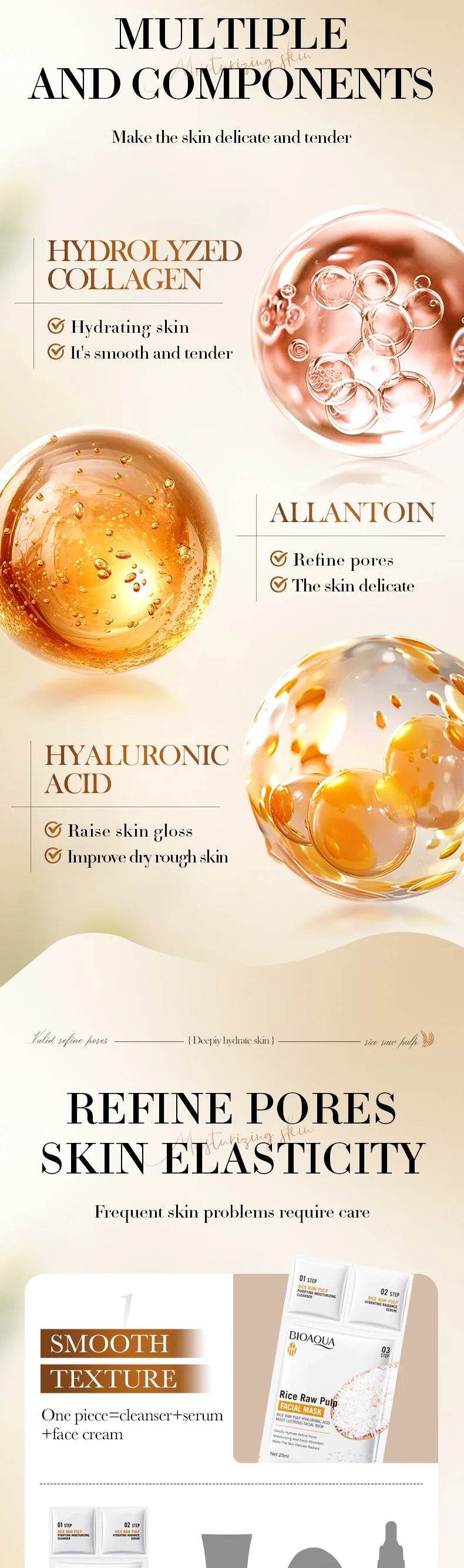 5pcs BIOAQUA White Rice Face Mask Sets Moisturizing Whitening Anti Wrinkle Facial Serum Cleanser Face Masks Skin Care Kit