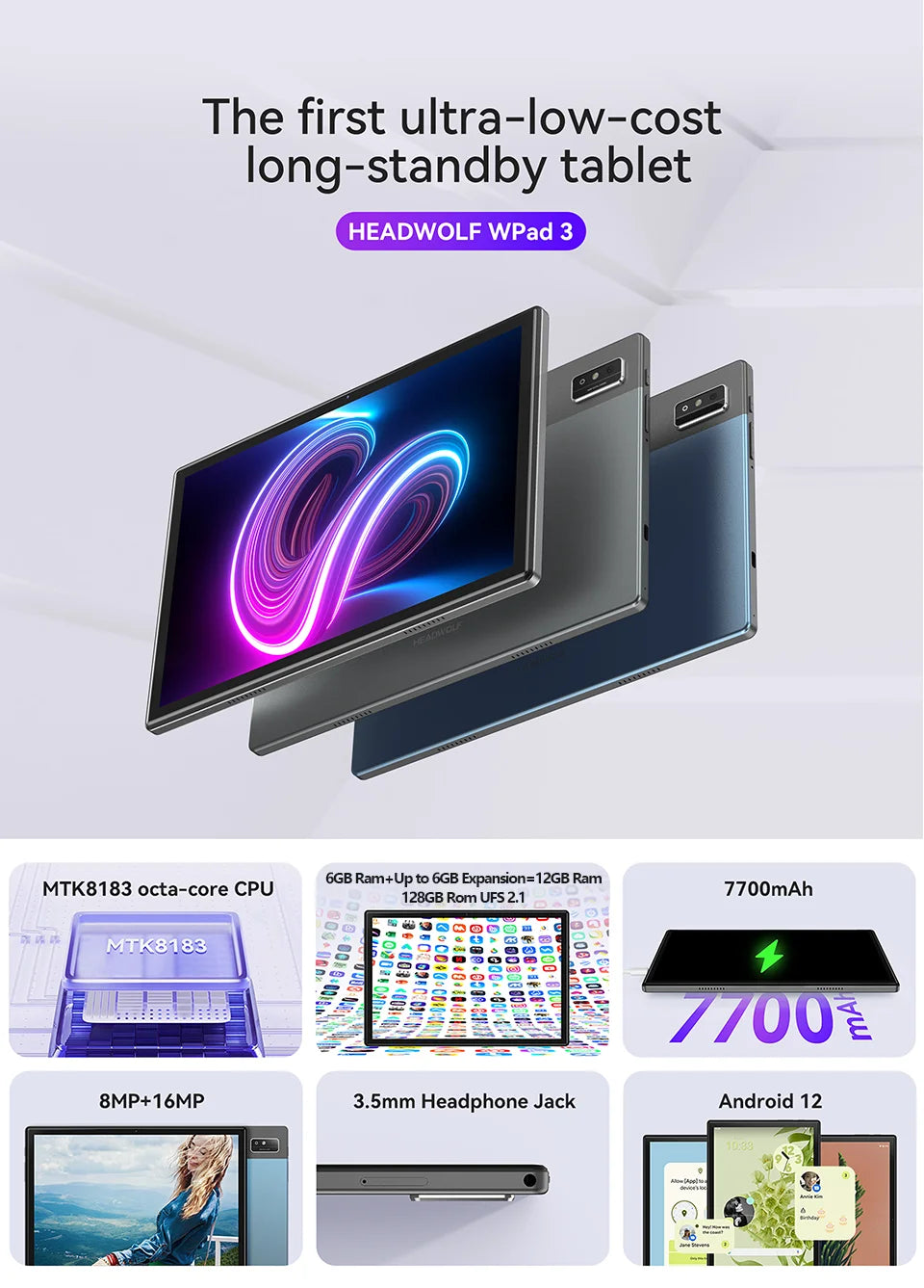 HEADWOLF WPad3 Android 12 Tablet 10.1 inch 6GB RAM DDR4X 128GB ROM UFS 2.1 MTK 8183 Octa-core Tablet PC Rear Camera16MP 7700 mAh