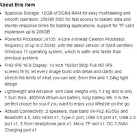 14 Inch Laptop PC 12GB LPDDR4 RAM 256GB SSD ROM 1080p FHD IPS Screen Windows 11 Computer with Celeron 4-Core Processor WIFI