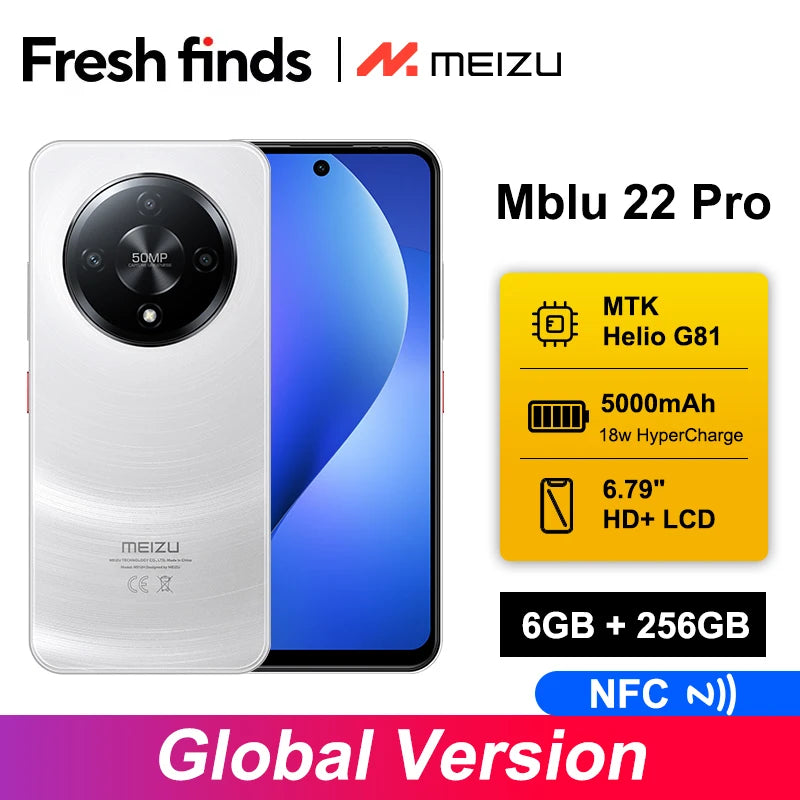 2025 New Global Version Meizu Mblu 22 Pro Smartphone 50MP Main Camera 120Hz 6.79'' LCD 5000mAh Battery 18W Fast ChargerNFC