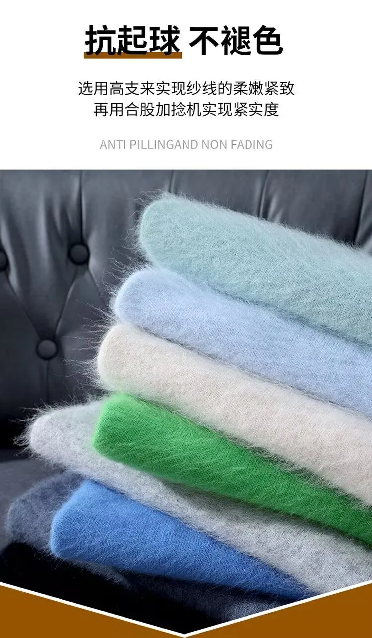 100% Mink Cashmere Knitted Short Sleeved Men's Loose Round Neck Solid Color Half Sleeved Simple T-Shirt Casual Business Cashmere