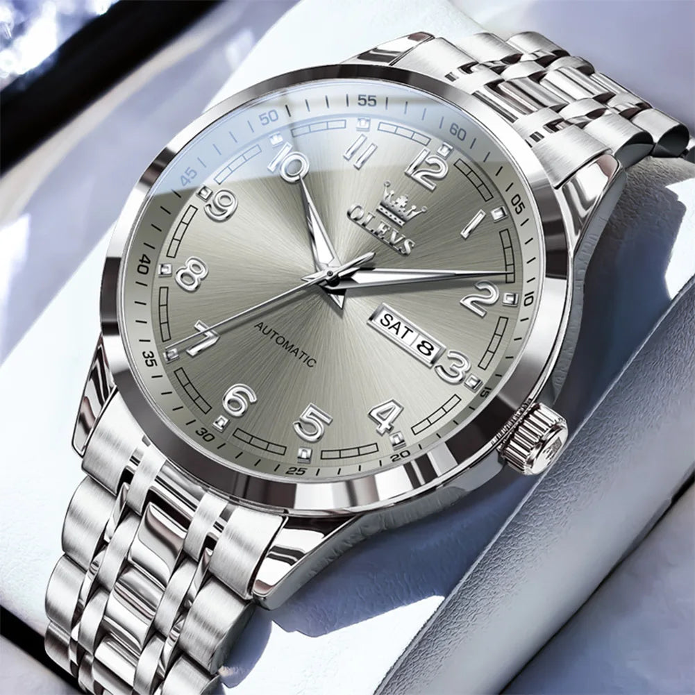 OLEVS Men Watches 7077 Luxury Fashion Top Brand Original Automatic Mechanical Watch for Man Double Scale Simple Trend Waterproof