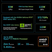 2025 MSI Crosshair A16 HX Gaming Laptop 16 Inch QHD 2.5K 240Hz IPS Screen Netbook AMD Ryzen R9-7945HX 32GB 2TB RTX5060 Notebook