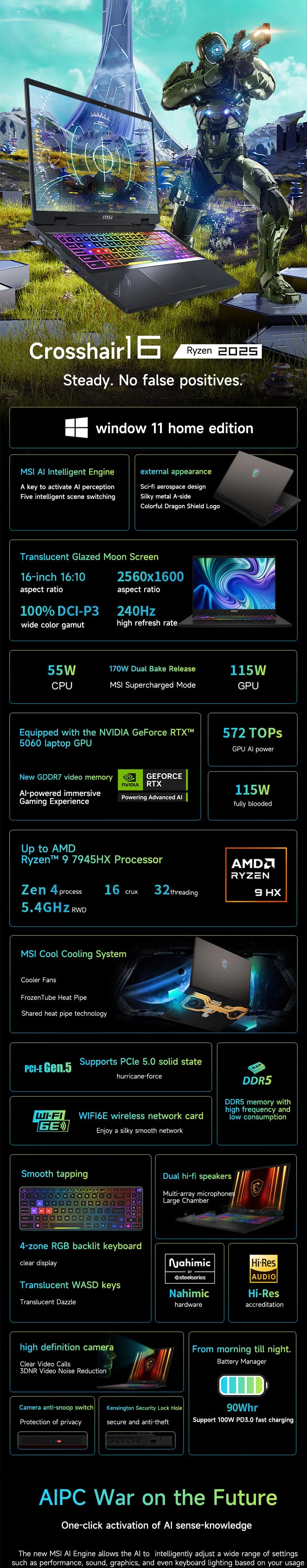 2025 MSI Crosshair A16 HX Gaming Laptop 16 Inch QHD 2.5K 240Hz IPS Screen Netbook AMD Ryzen R9-7945HX 32GB 2TB RTX5060 Notebook