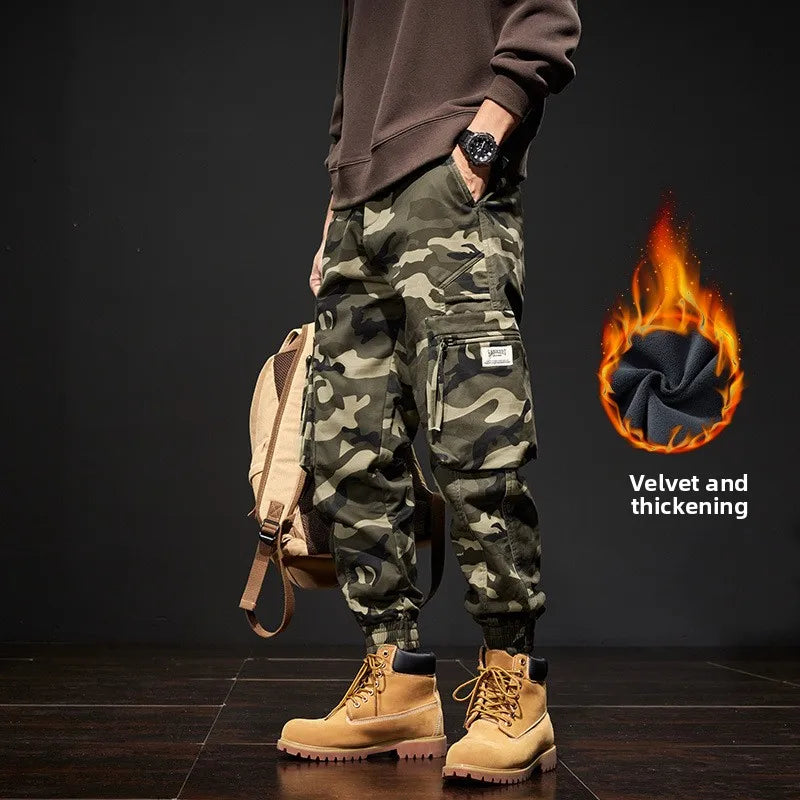2025 NewMen's Fleece-Lined American Camouflage Casual Multi-Pocket Loose Zipper Jogger Pants Autumn Youth Trendy Workwear