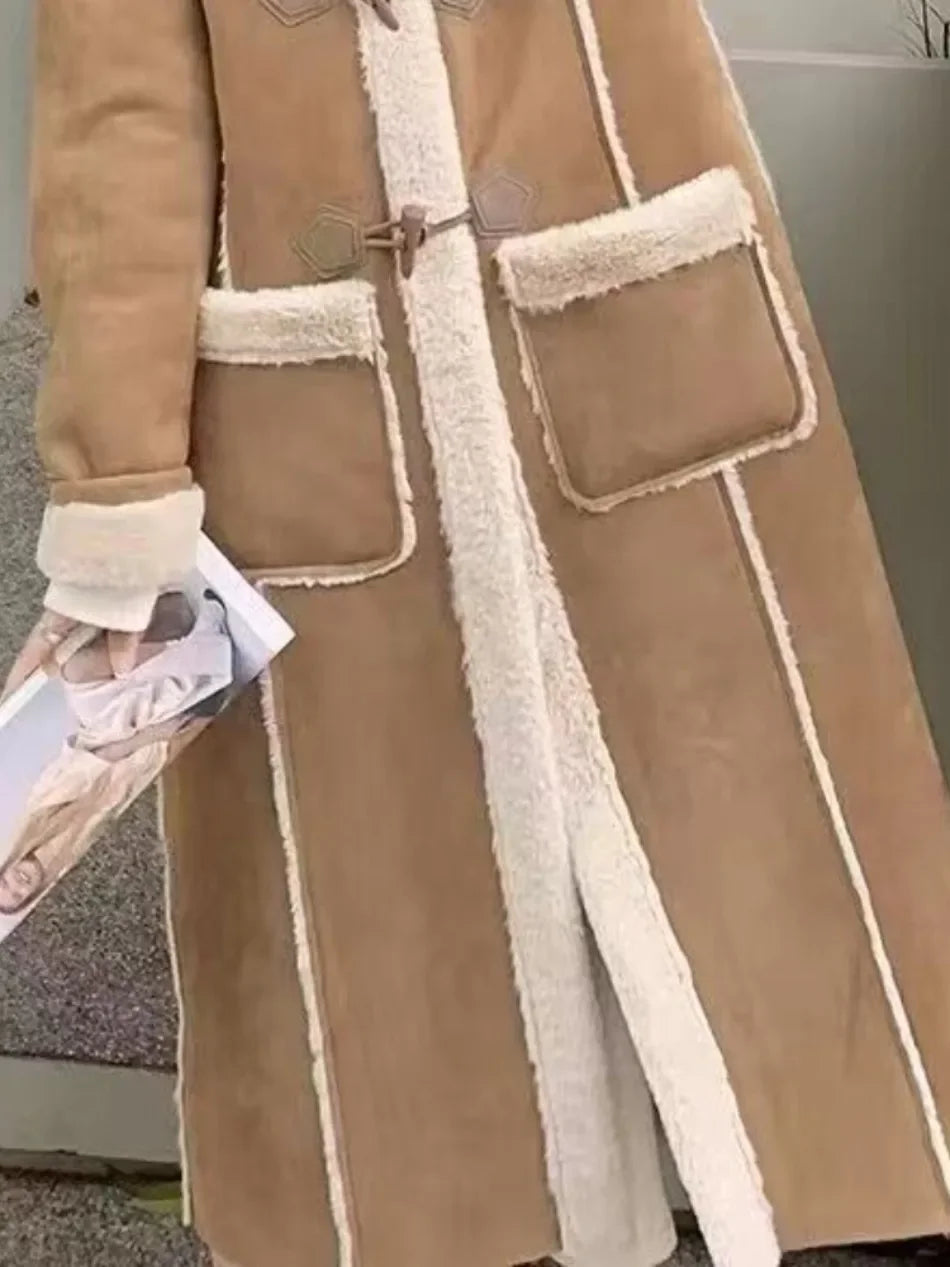 2025 Autumn Winter Women's Simple and Chic Long Coat with Button Design Lamb Wool Collar, Versatile and Stylish for Casual Wear