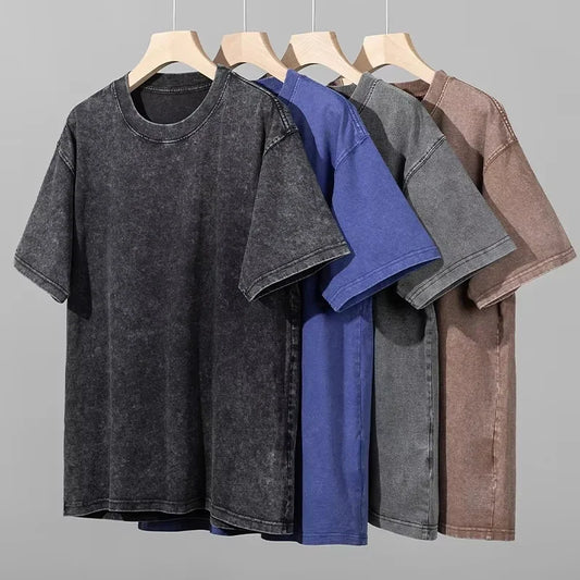American Style Retro Heavyweight Solid Color Short Sleeved T-shirt Men Women Summer Street Trendy Washed Old Oversized Clothes
