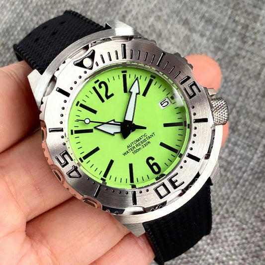 42mm Tandorio Monster Watches 20ATM Waterproof NH35ADiver Automatic Watch Men Sapphire Green Luminous Dial Steel Bracelet