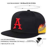 Unisex A Letter Embroidery Side Flame Hip-hop Hats Spring Autumn Adjustable Casual Snapback Baseball Caps Outdoor Sunscreen Hat