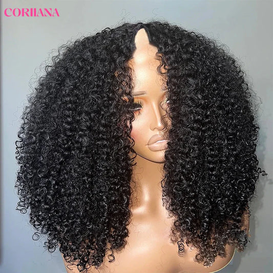 250% Kinky Curly V Part Wig Human Hair No Leave Out Upgrade Deep Wave Curly V Shape Wig No Glue Clip In Half Wig For Women