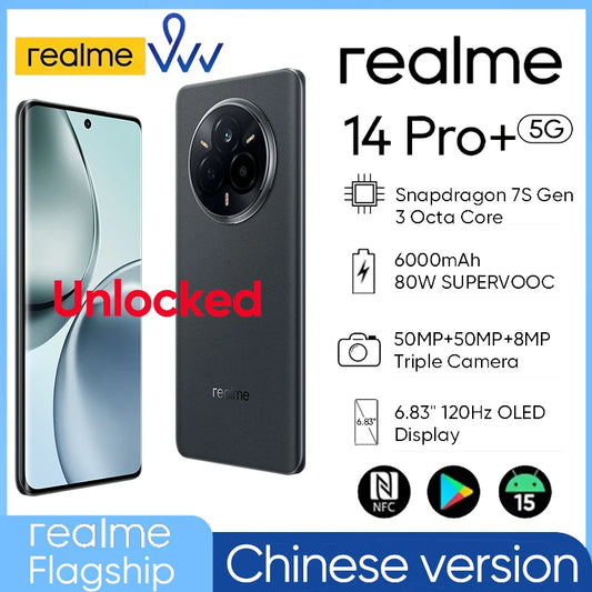 Chinese version realme 14 Pro Plus 5G NFC Snapdragon 7S Gen 3 Octa Core 6000mAh Battery 80W SUPERVOOC 50MP Smartphone Unlocked
