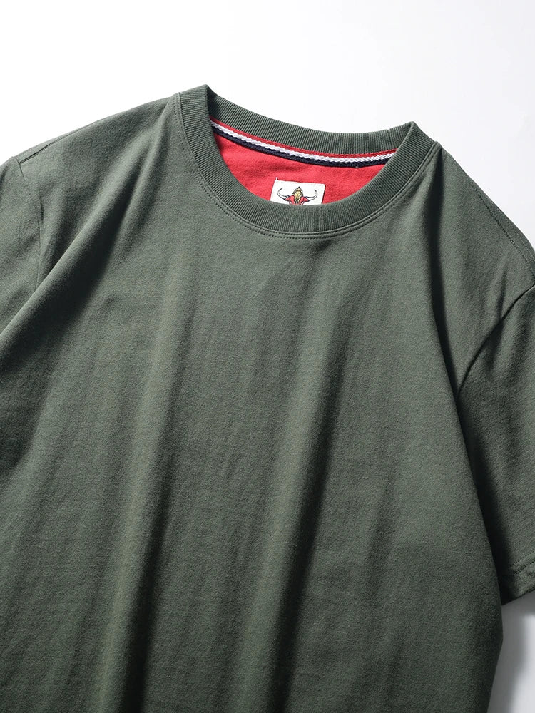 2025 Summer New American Retro Short Sleeve O-neck Solid Color T-shirt Men's Fashion 100% Cotton Washed Casual Terry Cloth Tops