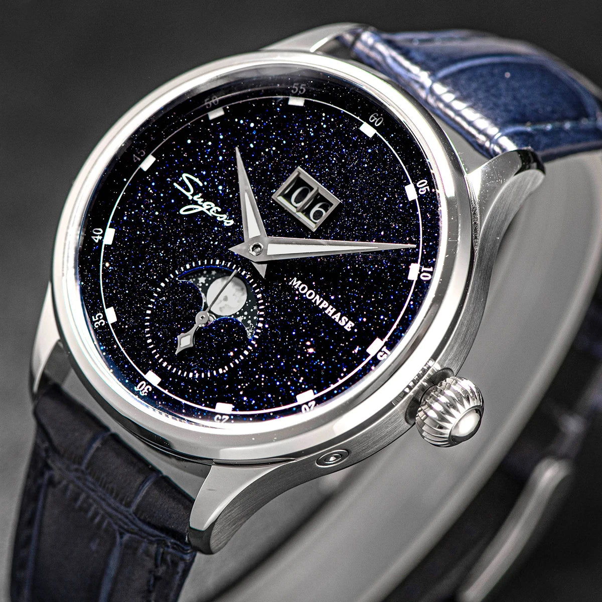 Sugess Moonphase Watch of Men 40mm Automatic Mechanical Wristwatches Origin ST2528 Movement Stainless Steel Blue Sandstone Dials