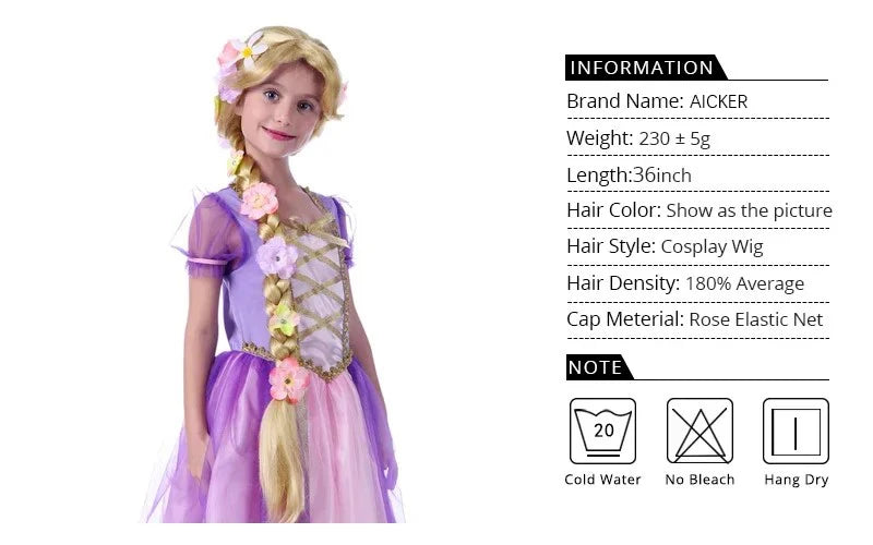 AICKER Long Blonde Rapunzel Wigs For Kids - Princess Girl Costume Cosplay Fairytale Ball Braid Wigs For Halloween Christmas Part
