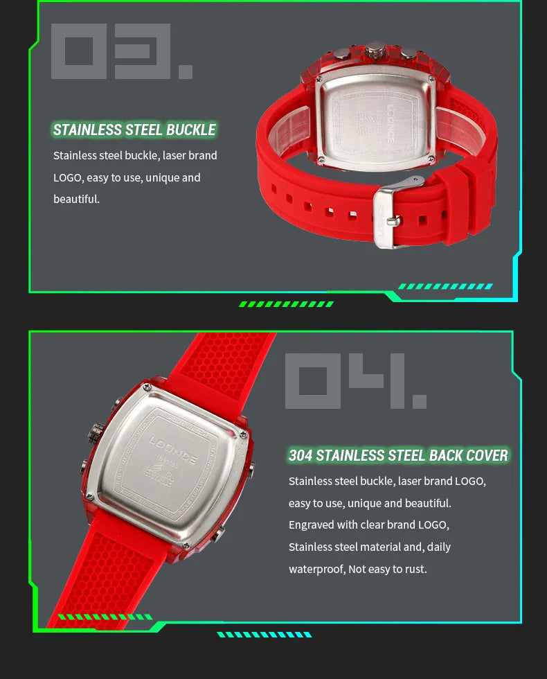 LOQNCE Sports Watches Fashion Men Watches 50m Waterproof Rectangle LED Big Dial Display Digital Watches LED Wristwatches Men
