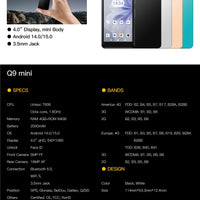 UNIWA Phonemax Q9 Mini Unisoc T606 4G Smartphone 4 Inch QHD 4GB RAM 64GB ROM Mobile Phone Android 14 2000mAh Small Phone Face ID