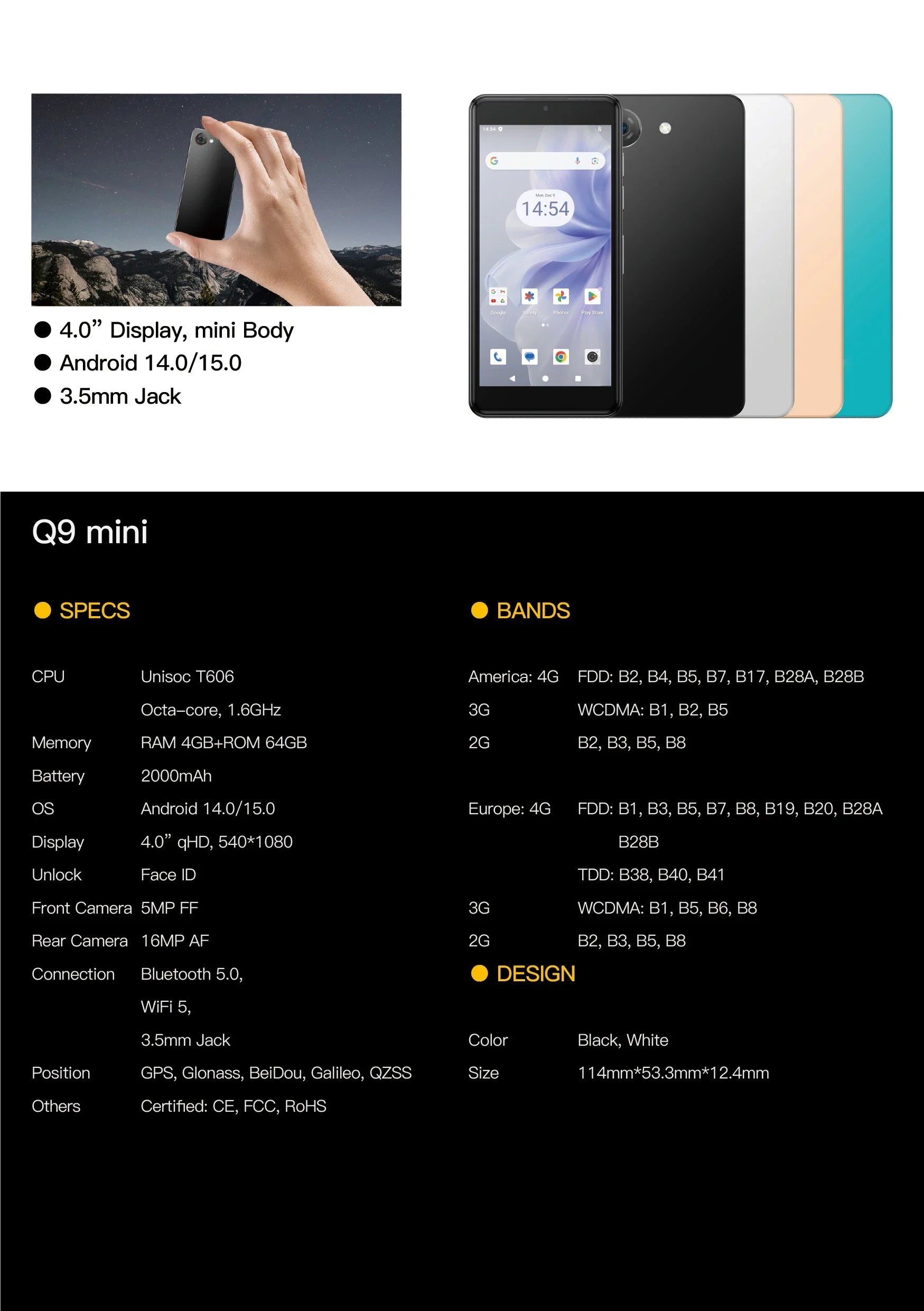 UNIWA Phonemax Q9 Mini Unisoc T606 4G Smartphone 4 Inch QHD 4GB RAM 64GB ROM Mobile Phone Android 14 2000mAh Small Phone Face ID