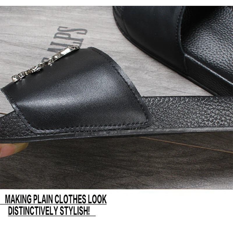 2025 New Arrival Men Genuine Leather Skull Slippers Men's Solid Flat Non-slip Rubber Soles Metal Skull Slides Unisex