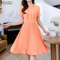 2025 ZANZEA Elegant Women Midi Dresses Summer Office Work Dress Short Sleeve O Neck Party Vestidos Pleated Sundress Robe Femme