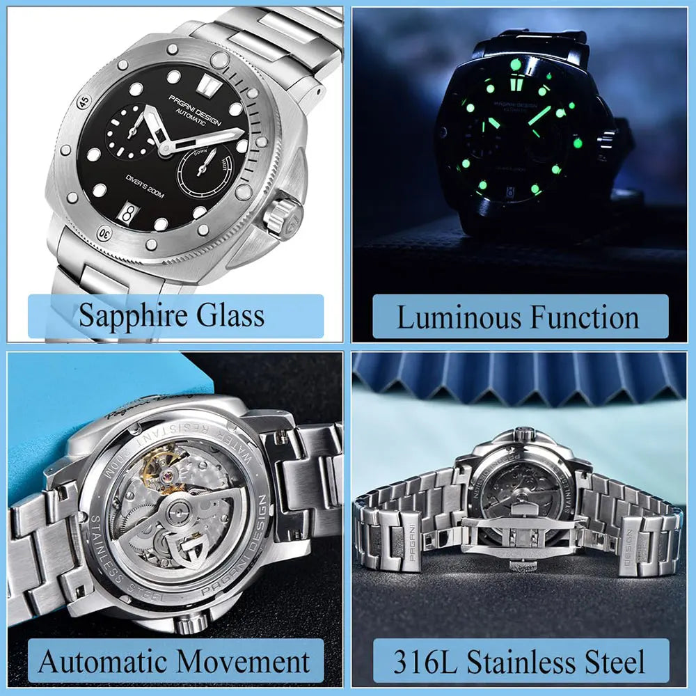 PAGANI Design New Men Automatic Mechanical Watches Diver Watch For Top Brand Luxury 200M Waterproof AR Sapphire Watch for Men