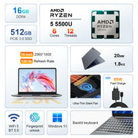 Ninkear A15 Pro Laptop 16" IPS 2.5K FHD AMD Ryzen5 5500U Notebook 16G DDR4 3200Mhz+512GB SSD 54Wh Battery Windows11 PRO Computer
