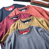 2025 Summer New American Retro Short Sleeve O-neck Solid Color T-shirt Men's Fashion 100% Cotton Washed Casual Terry Cloth Tops