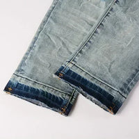 2025 Jeans Man's High Street Blue Ripped Distressed Skinny Jeans Low Rise Denim Trousers Fashion Repair Pants 9003