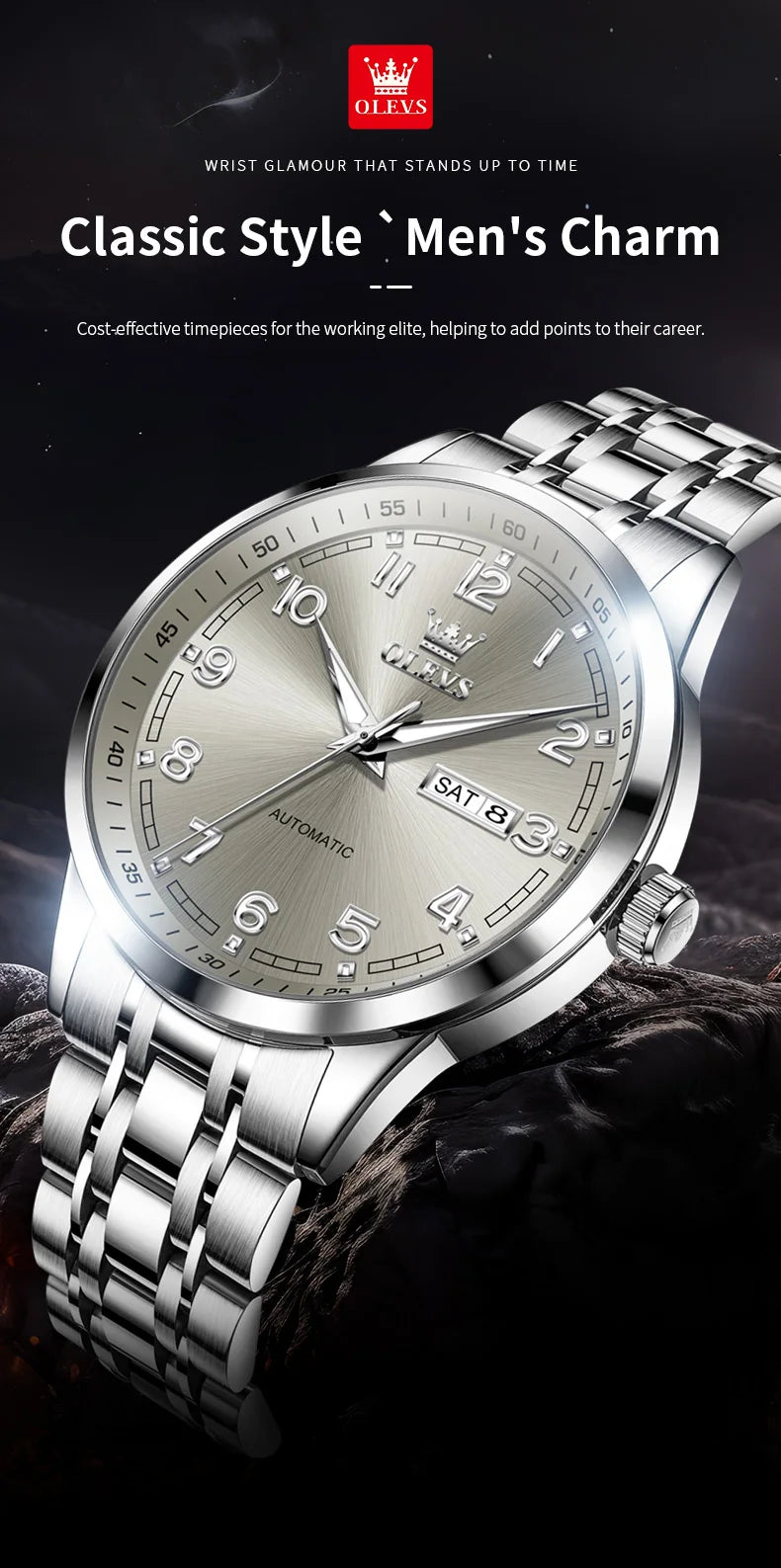 OLEVS Men Watches 7077 Luxury Fashion Top Brand Original Automatic Mechanical Watch for Man Double Scale Simple Trend Waterproof