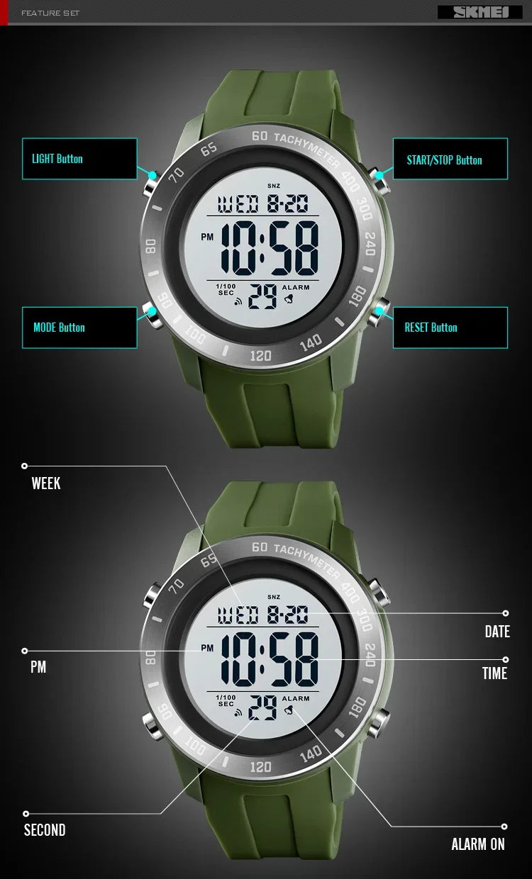 SKMEI 1524  2 Time LED Digital Wristwatches Mens Waterproof Chrono Count Down Male Hour montre homme Big Dial Sport Men Watch