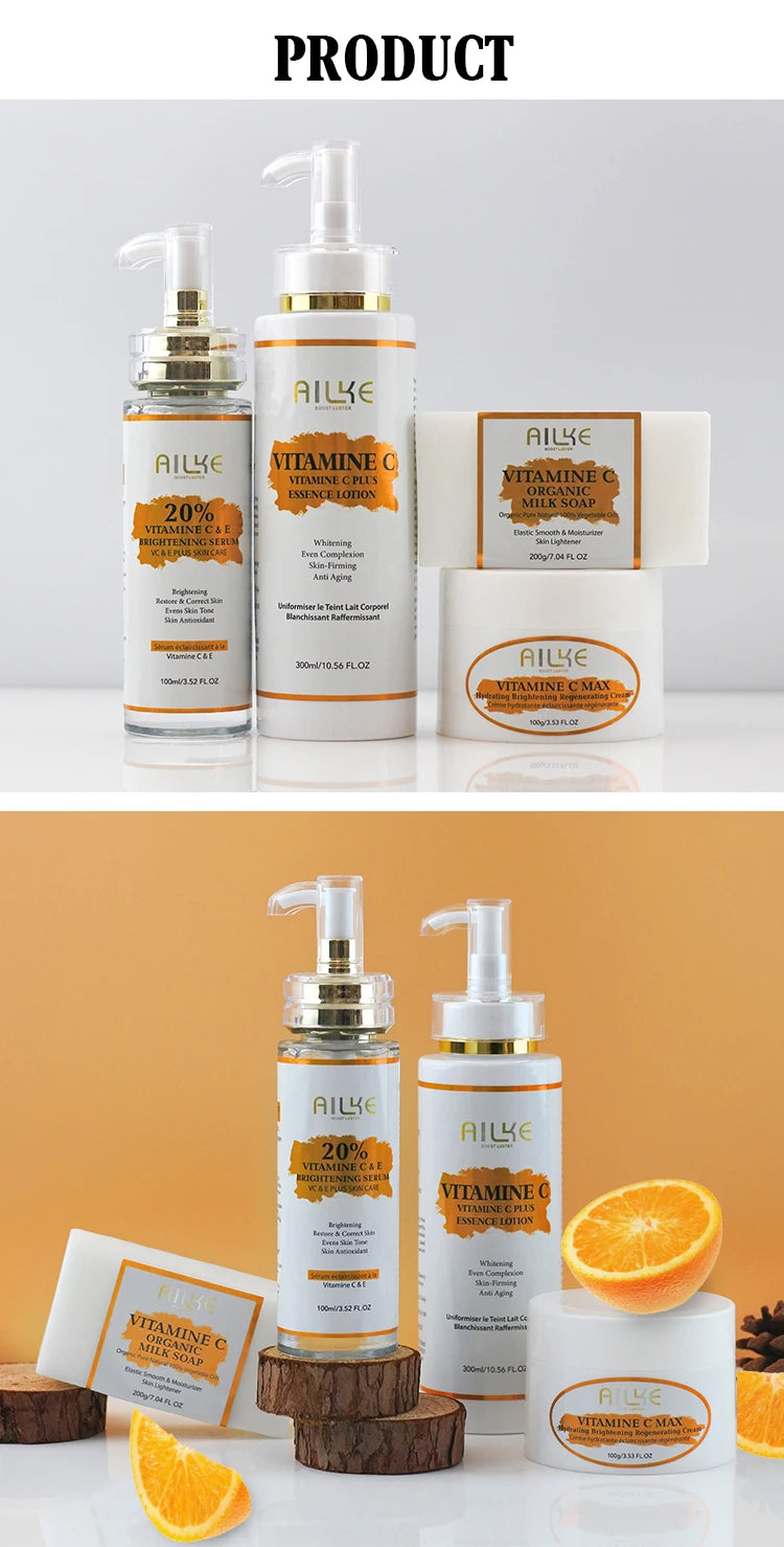 AILKE Vitamin C Skin Care Set, with Lightening Body Lotion, Even Skin Tone Face Cream, Whitening Serum, Brightening Soap