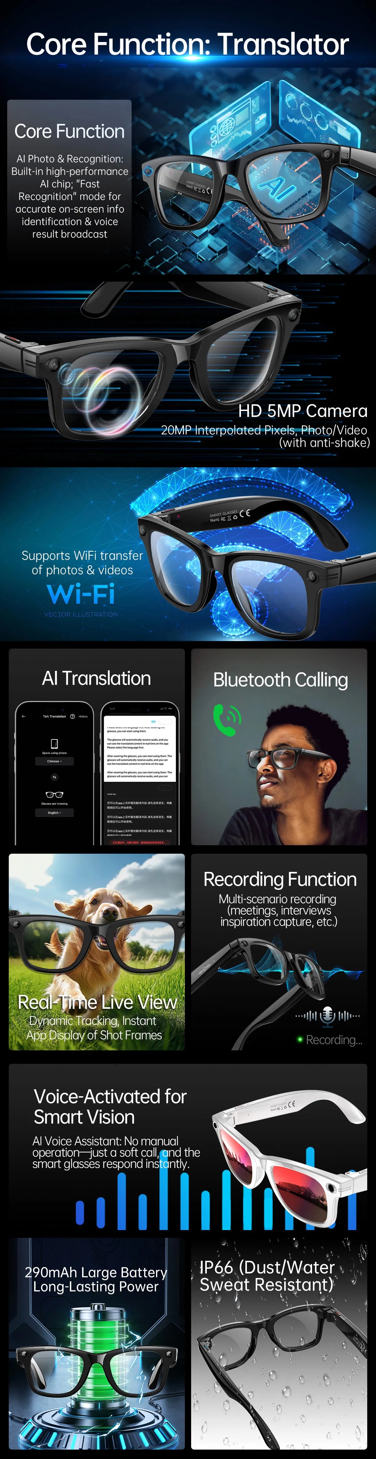 AI Smart Glasses 5 Million Pixels Recording Videos Photo Recognition Answer Translation 290mAh IP66 Waterproof Bluetooth Glasses