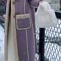 2025 Autumn Winter Women's Simple and Chic Long Coat with Button Design Lamb Wool Collar, Versatile and Stylish for Casual Wear