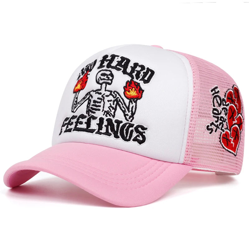 2025 Popular New Breathable Mesh Hat Fire Skull Rose Love Street Skateboarding Hip Hop Hat Leisure Sports Sun Hat Baseball Hat