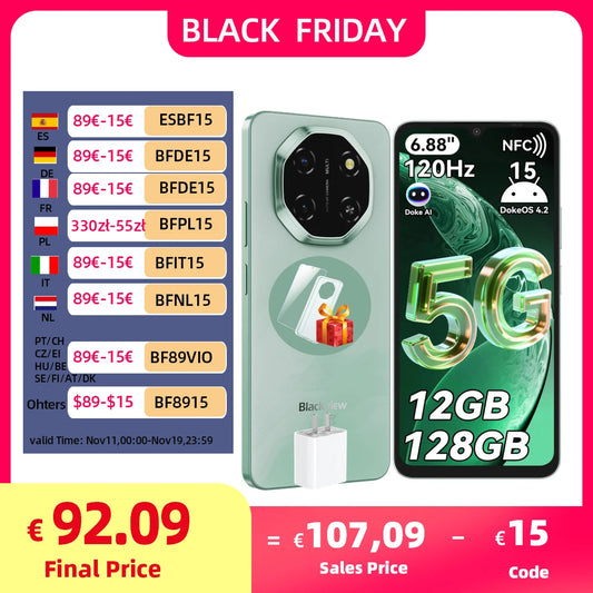 Blackview SHARK 6 AI Smartphone Android 15 Unisoc T8100 5G Mobile Phone 6.88'' Display 120Hz,  8+16GB RAM,128GB+2TB ROM, 5000mAh