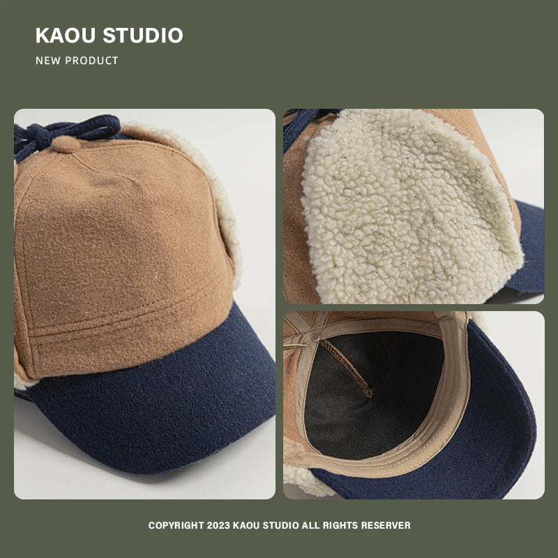 Retro Woolen Color Matching Bomber Hat Men and Women Street Japanese Trend Peaked Cap Plush Thermal Ear Protection Baseball Cap