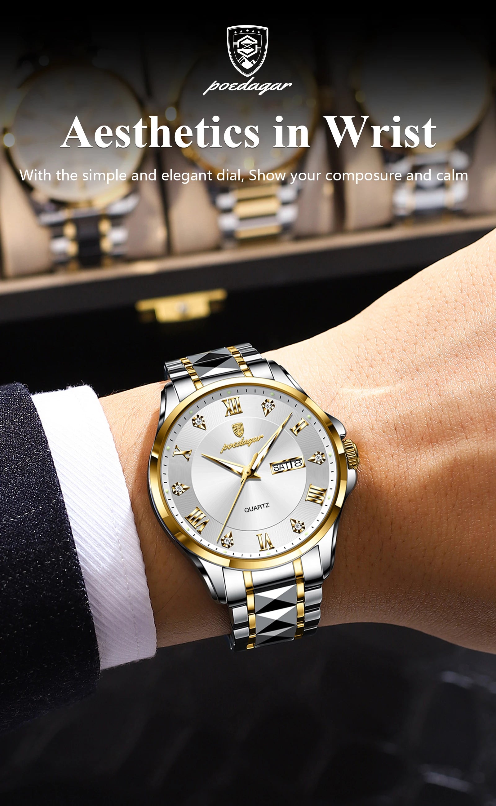 POEDAGAR Luxury Casual Man Watch Waterproof Luminous Date Week Quartz Men's Watches Stainless Steel Fashion Sport Men Wristwatch