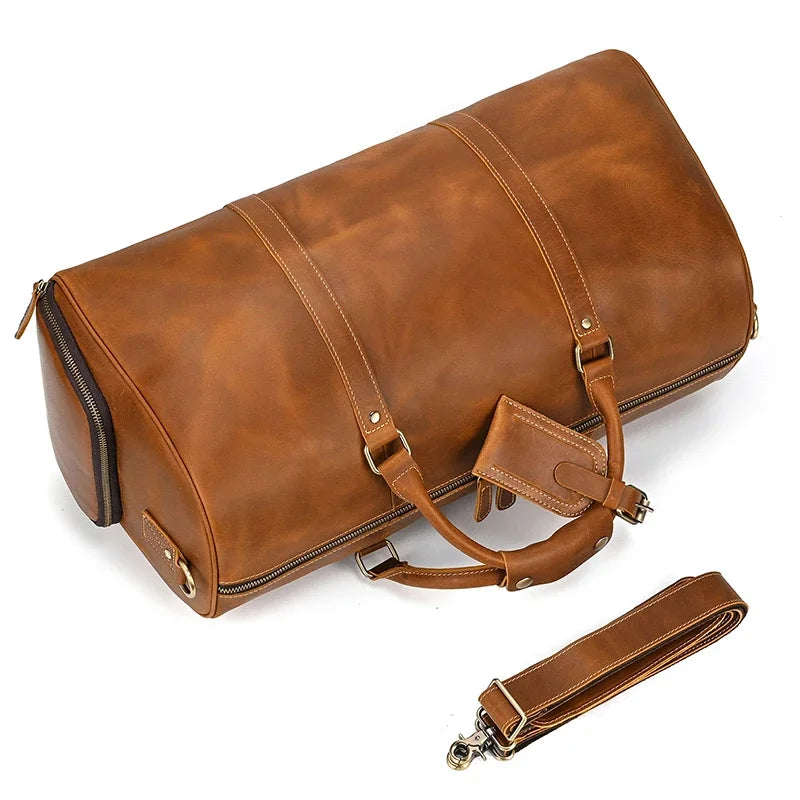 Custom Name Mens Leather Travel Duffle Bag Cow Leather Men's Weekender Bags Real Cowskin Leather Handbags For Travelling Outdoor